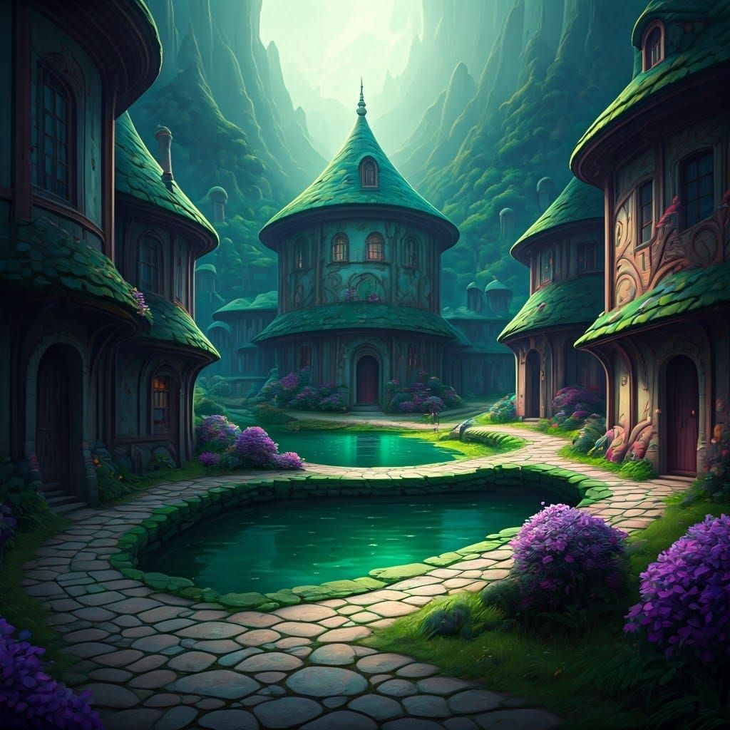 Emerald Elven Town with Pond in Splash Art Style