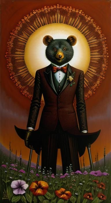 Robot Scarecrow in Oil Gouache with Geometric Petunias