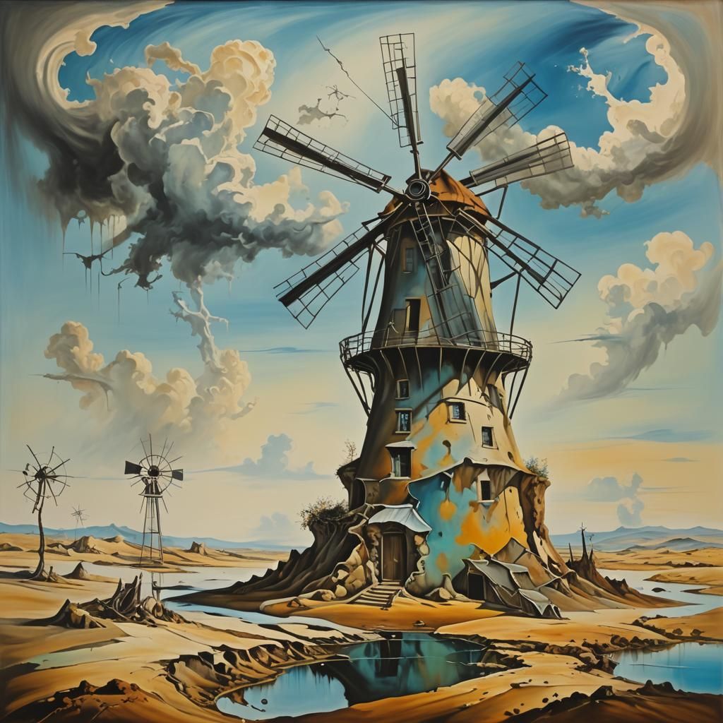 Surreal Windmill in Melting Landscape: Dali Style