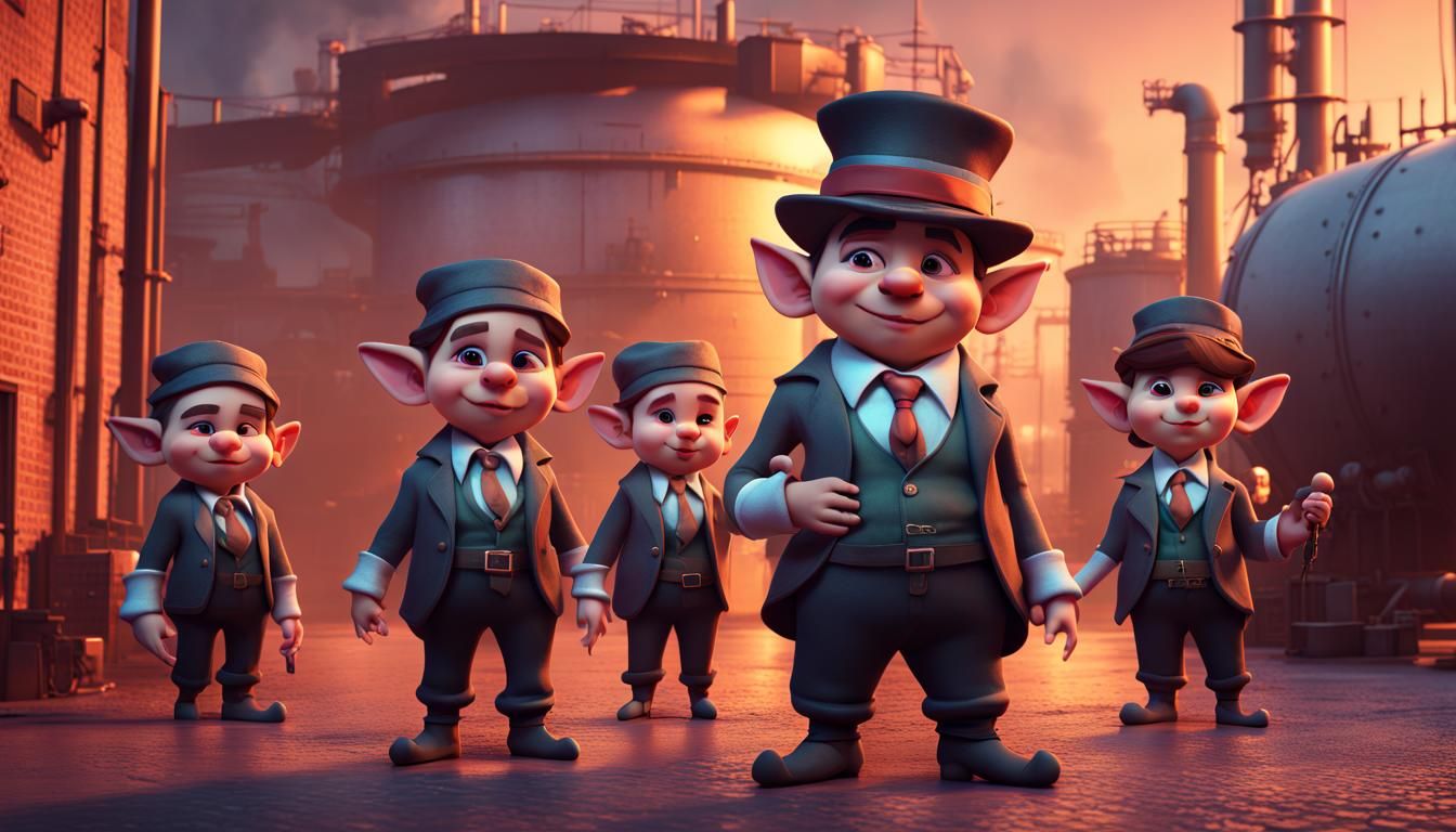 Cute Gangster Elves Outside Distillery: 3D Digital Art