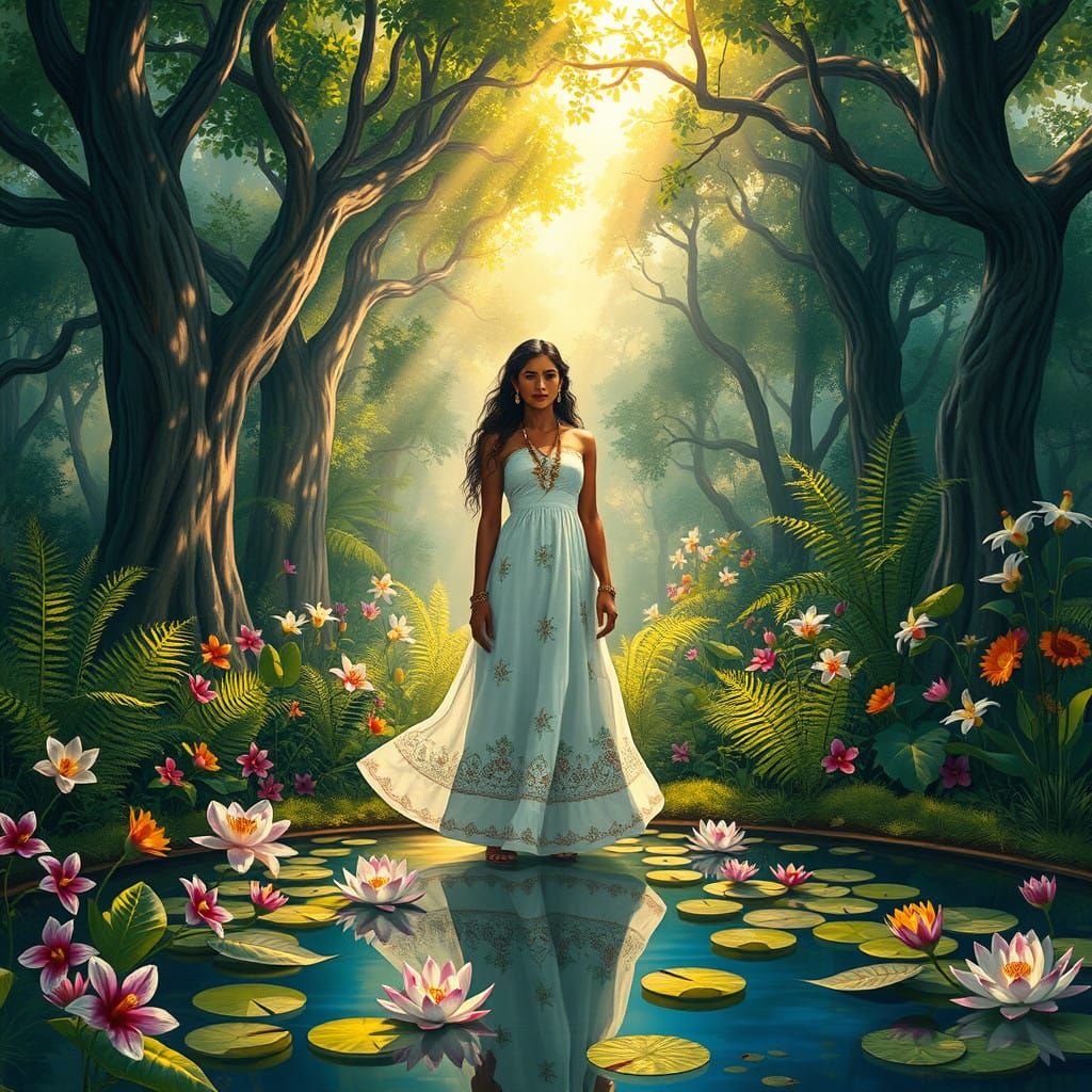 Serene Hindu Indian Goddess in Lush Forest