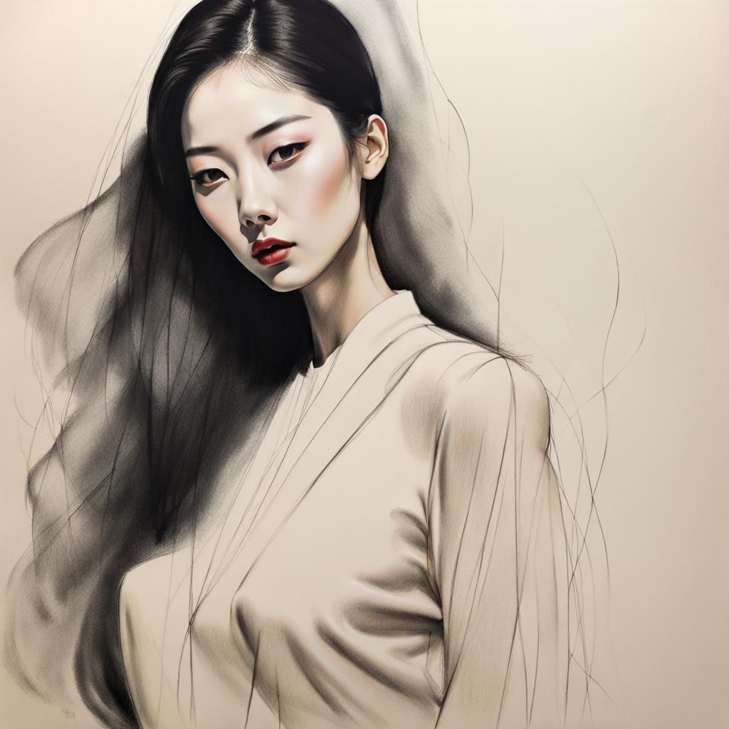 Korean Model in Pastel Charcoal Sketch Style