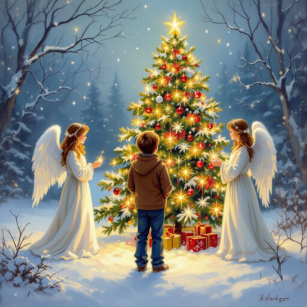 Christmas Scene with Angels in Painterly Style