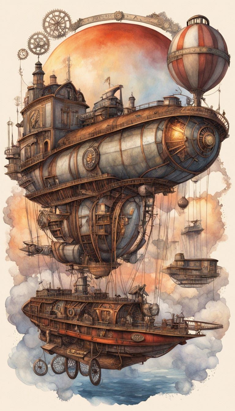 19th Century Steampunk Cityscape at Sunset in Pencil Style