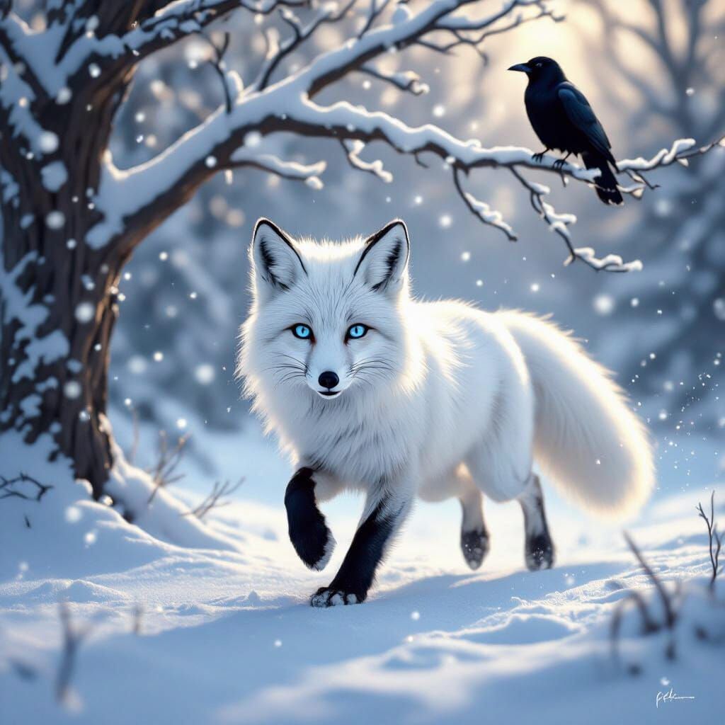 White Fox Leaping in Snowy Forest, Magical Realism