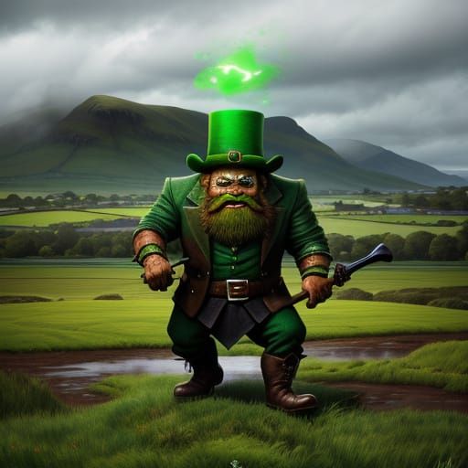 Evil Leprechaun in Irish Countryside: Hyperrealistic Concept...