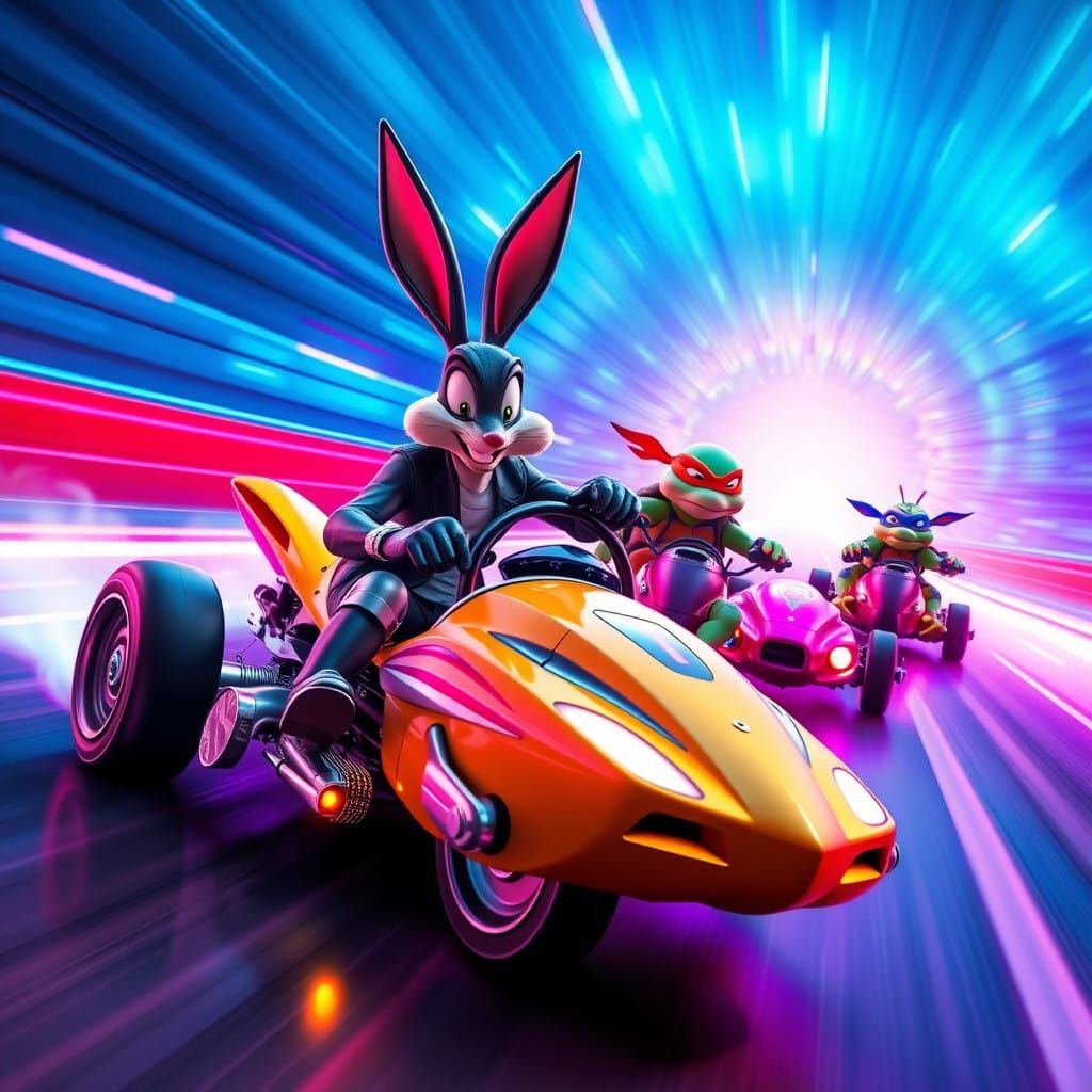 Racing Duo of Toon and Turtle in Neon Dreamscape