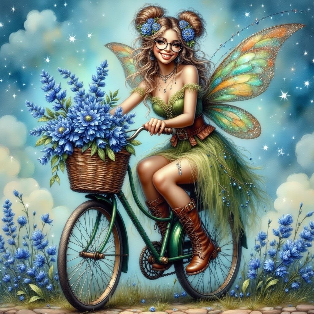 Whimsical Bluebell Fairy on a Vintage Bicycle