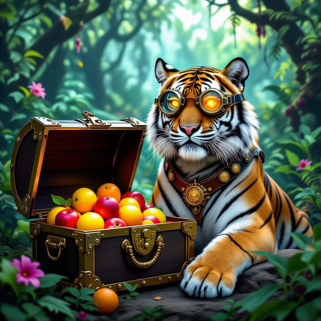 Steampunk Tiger with Art Nouveau Treasure Chest