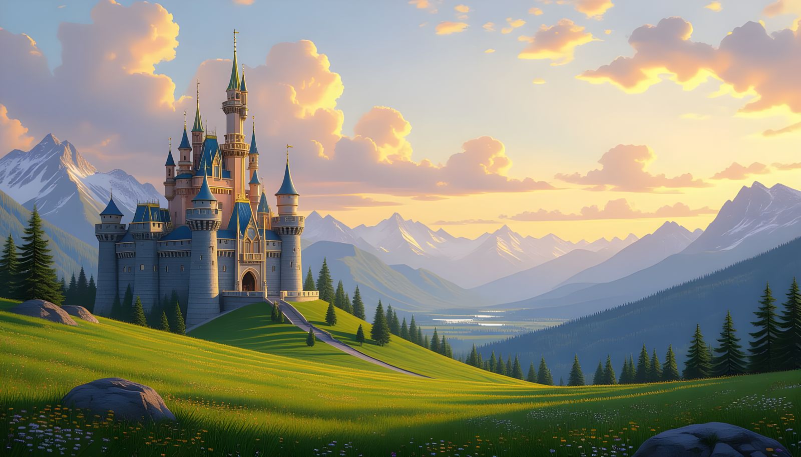 Magnificent Castle on Grassy Knoll in Golden Hour