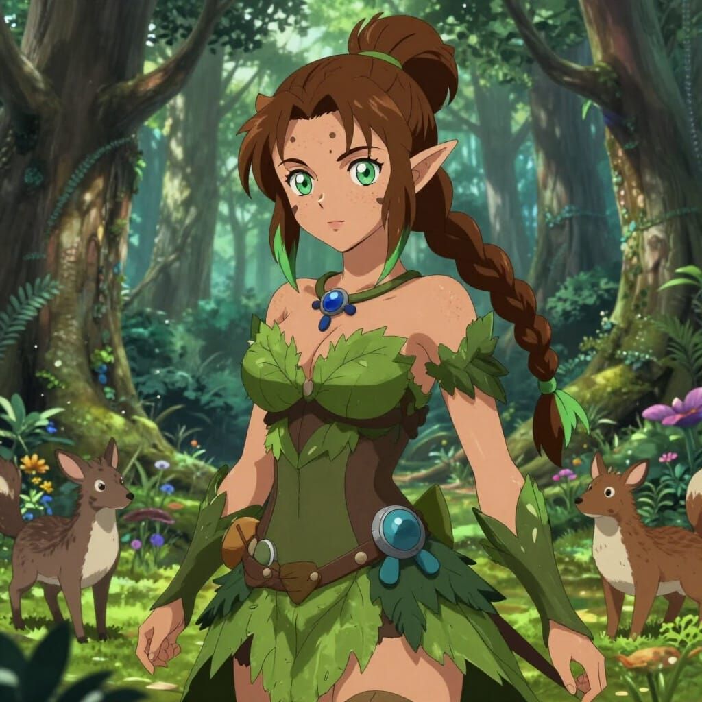 Elven Druid in Enchanted Forest, Anime Style