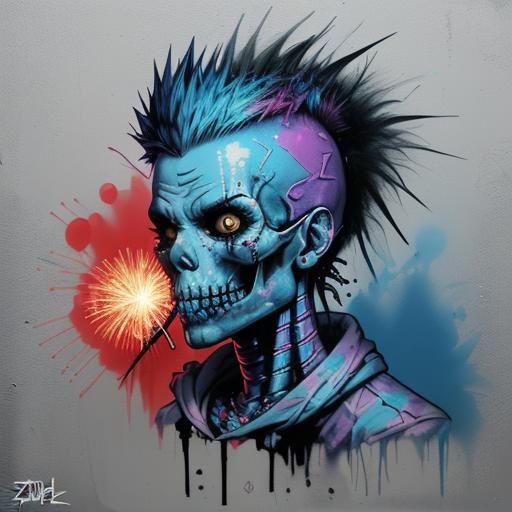 Blue Mohawk Zombie Skull Fireworks Graffiti Art