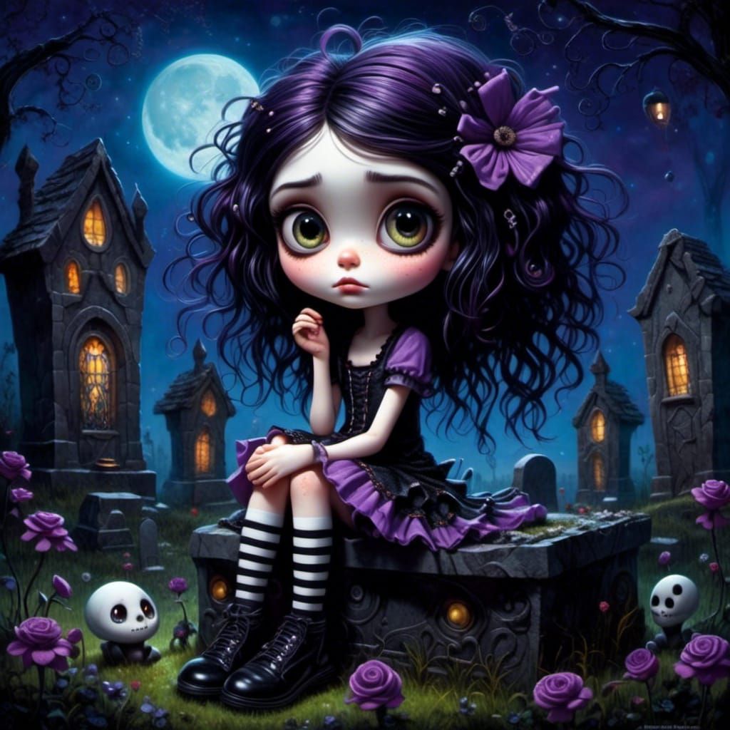 Creepy Pixie Girl in Cemetery at Night