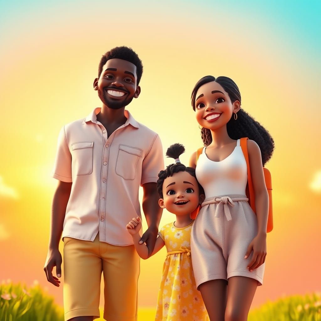 Happy Family in Sun-Drenched 3D Digital Art