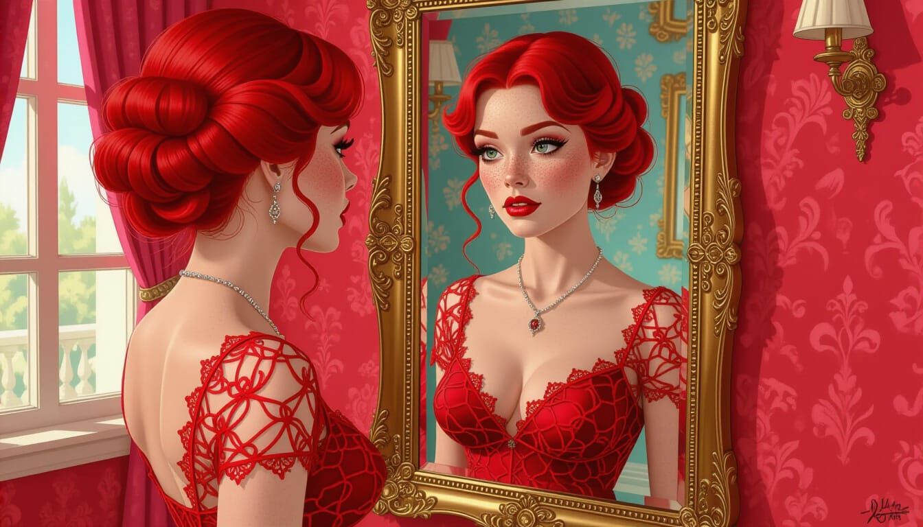 Crimson Palace Woman in Hyperrealistic Style
