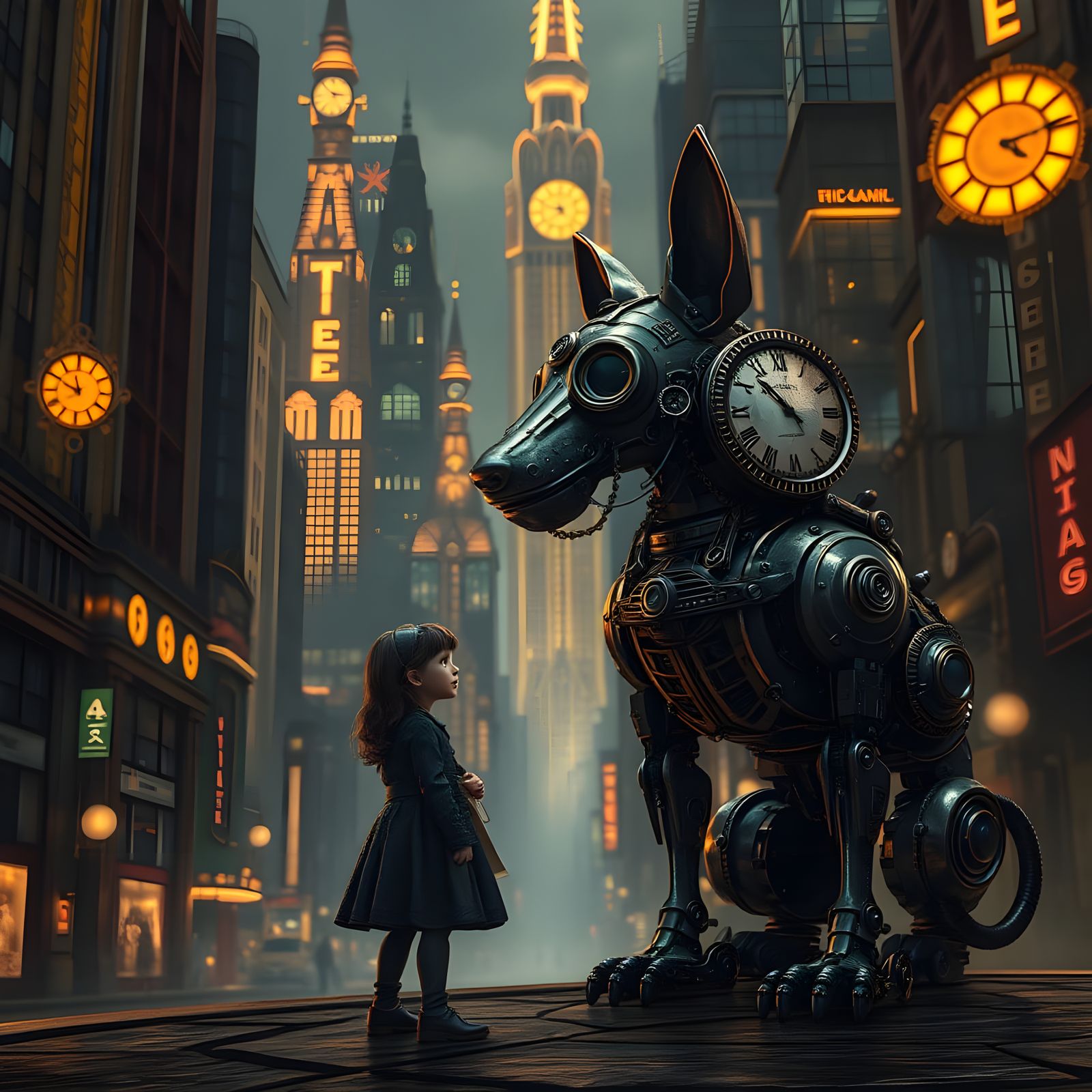 Steampunk City: Clockwork Dog Guides Blind Girl
