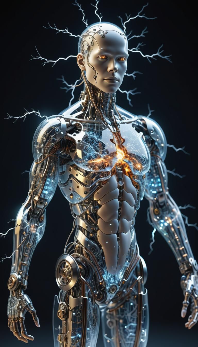 Transparent Cyborg with Lightning Strikes