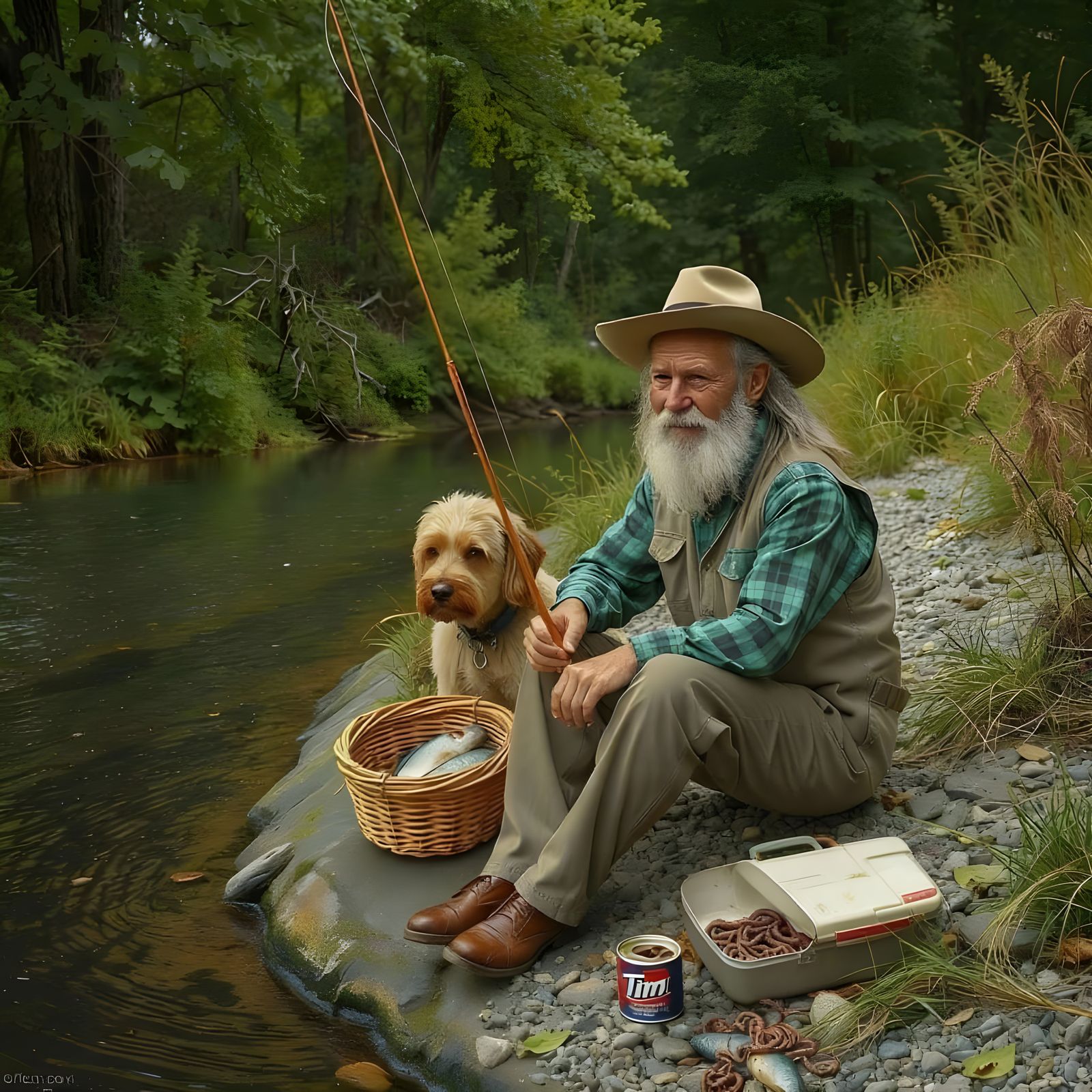 Elderly Fisherman with Dog and Lunch by a Brook