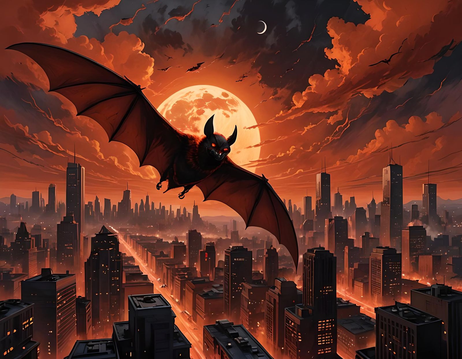 Crimson Bat Soaring from Apocalyptic Cityscape