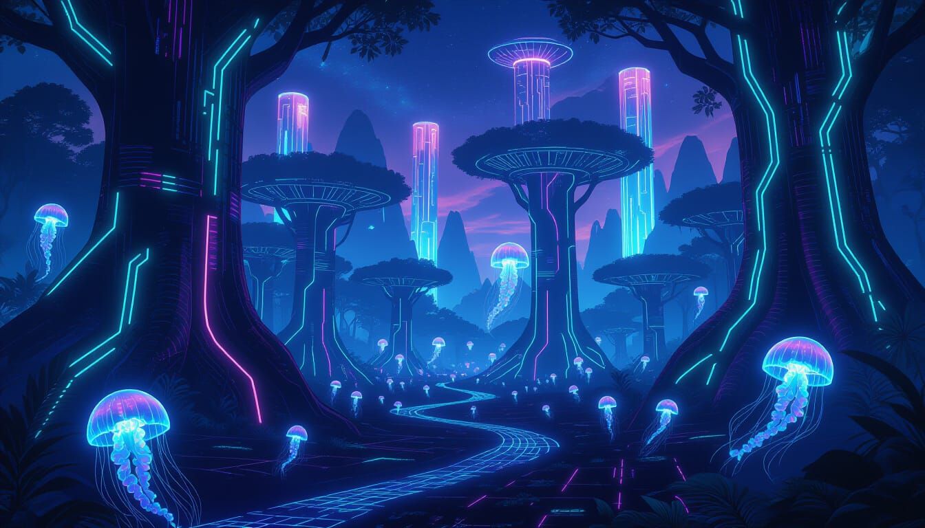 Bioluminescent Jungle in TRON Avatar Style