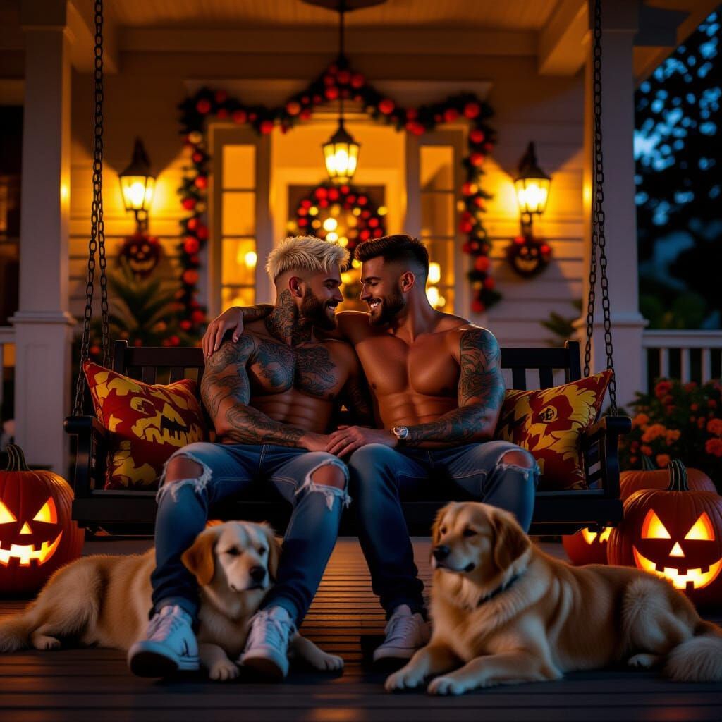 Gay Couple Embraces on Halloween Porch with Golden Retriever...