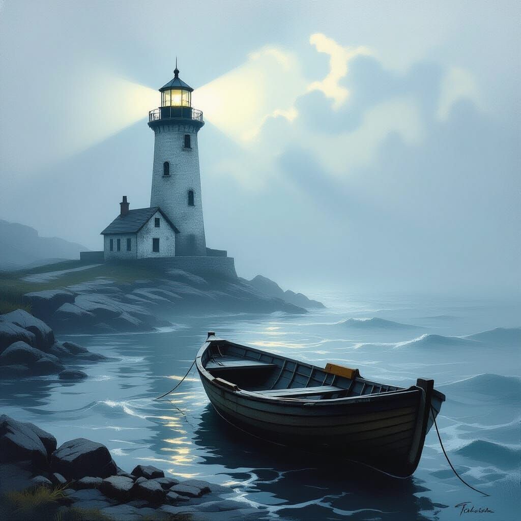 Mysterious Lighthouse and Rowboat in Foggy Sea Oil Painting