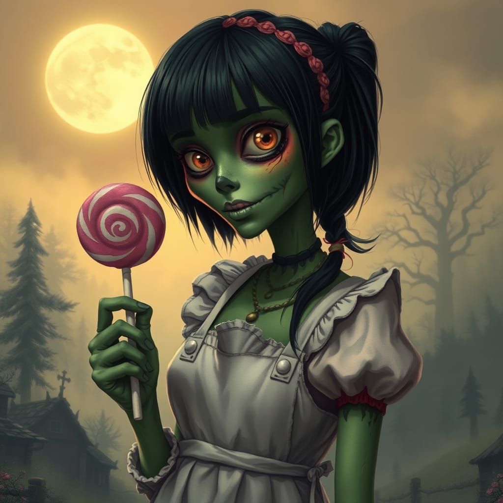 Zombie Woman with Brain Lollipop in Surreal Art Style