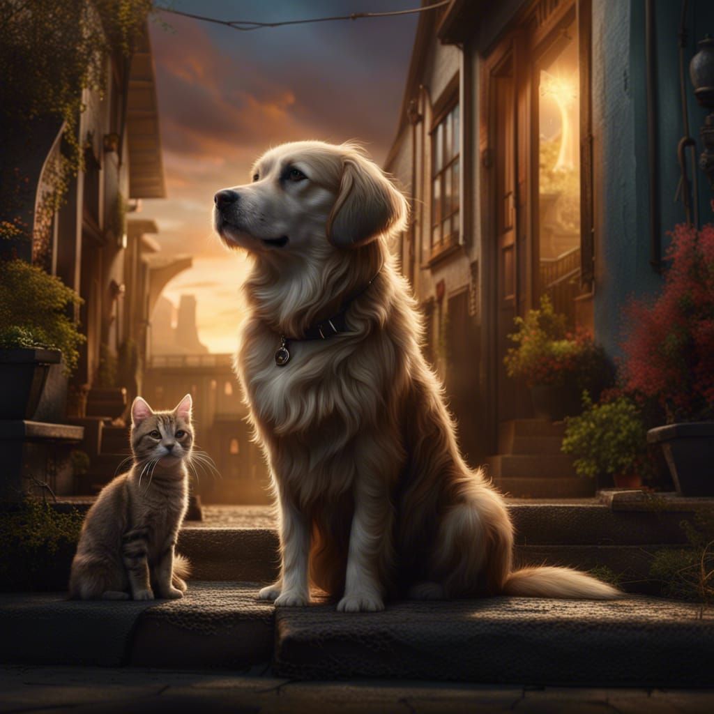 Dramatic Digital Painting of Dog and Cat