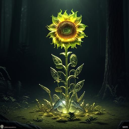 Glass Sunflower in Bioluminescent Forest, Hyperrealistic Art