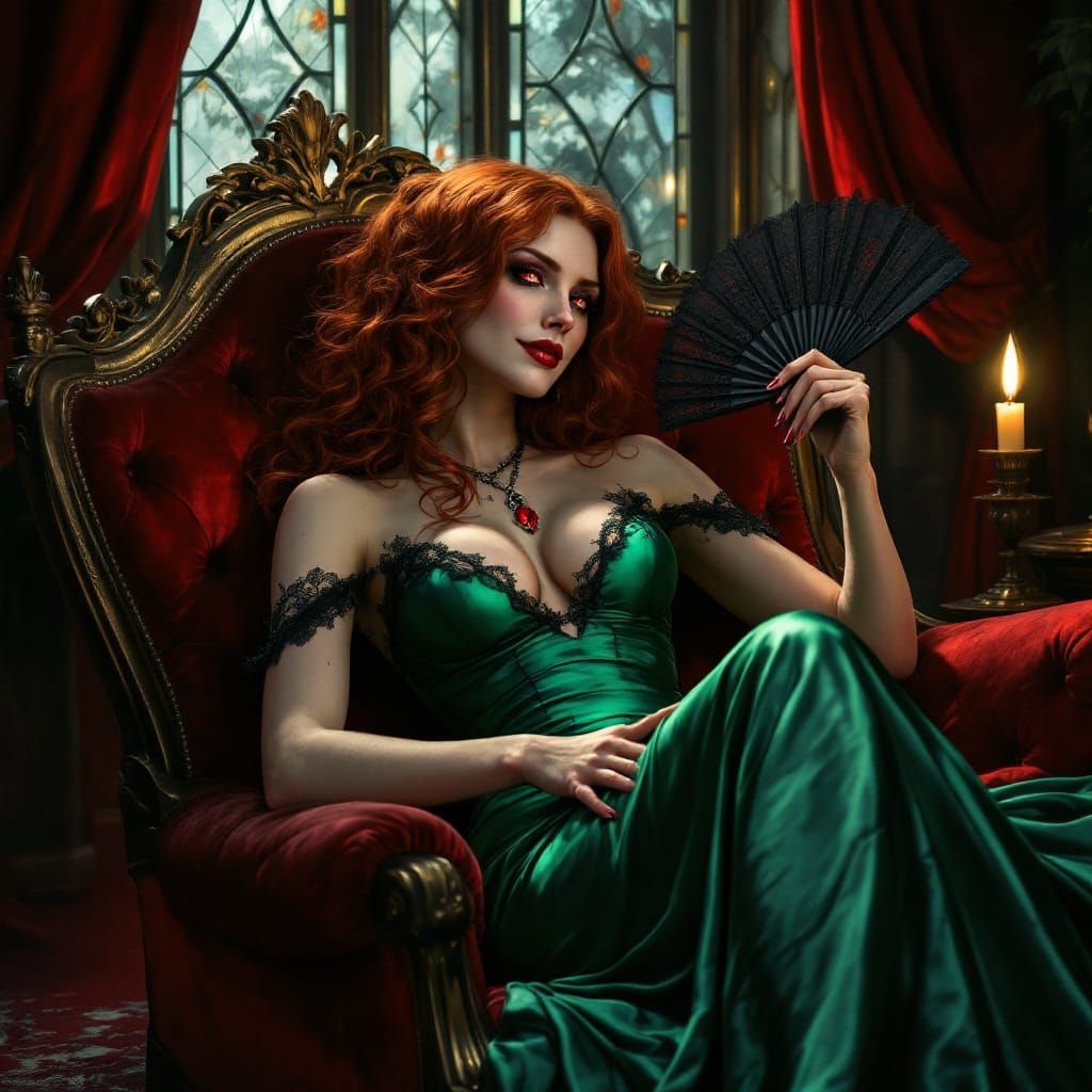 Vampire Noblewoman in Velvet Lounge, Gothic Romance Style