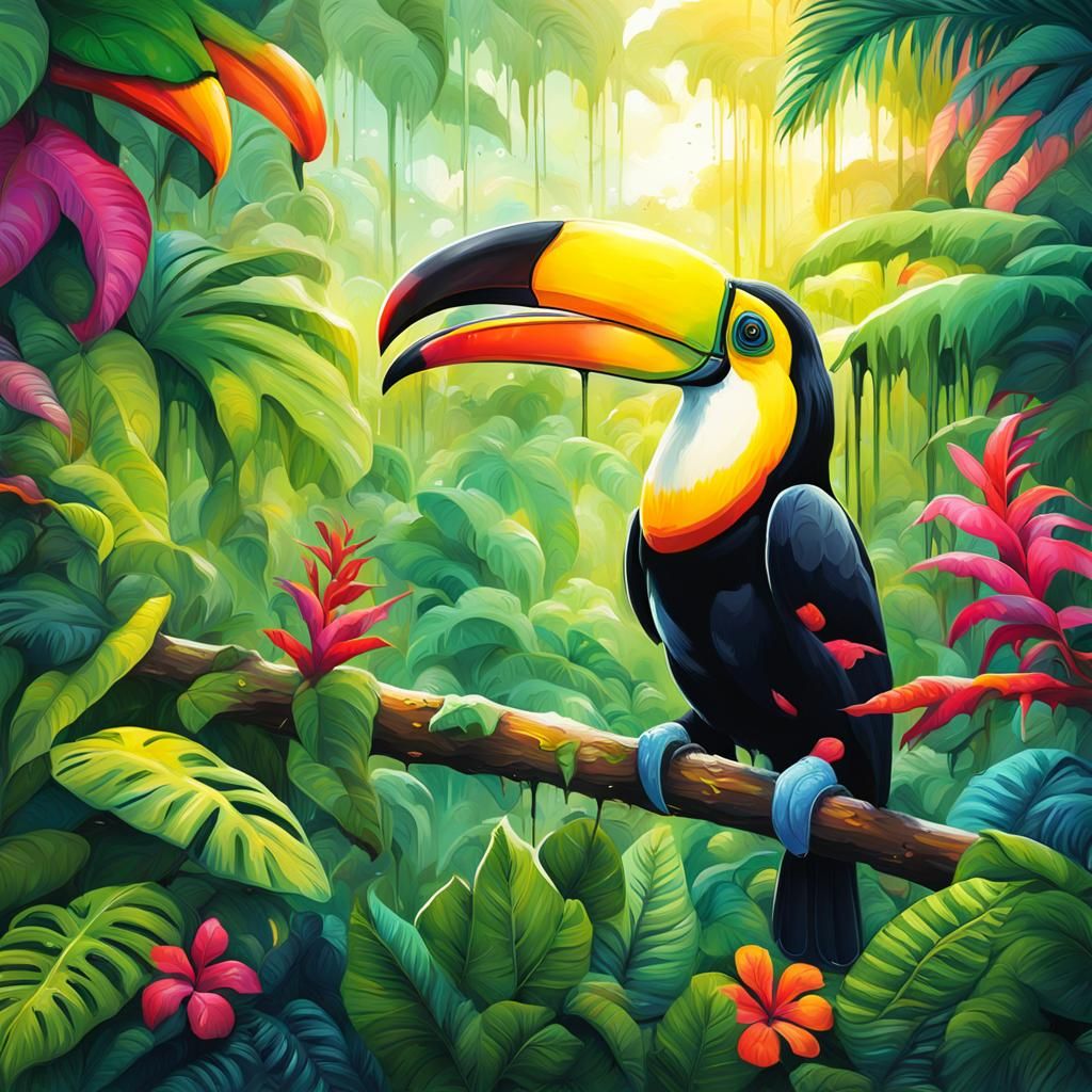 Colorful Toucan in Tropical Forest, Graffiti Art