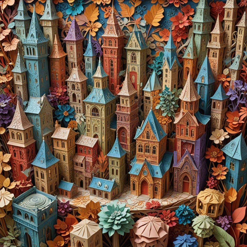 Vibrant Paper Cityscape in Golden Hues