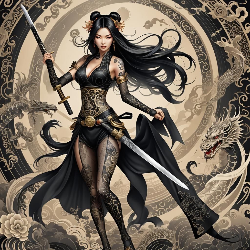 Samurai Woman with Dragons and Yin Yang Symbols