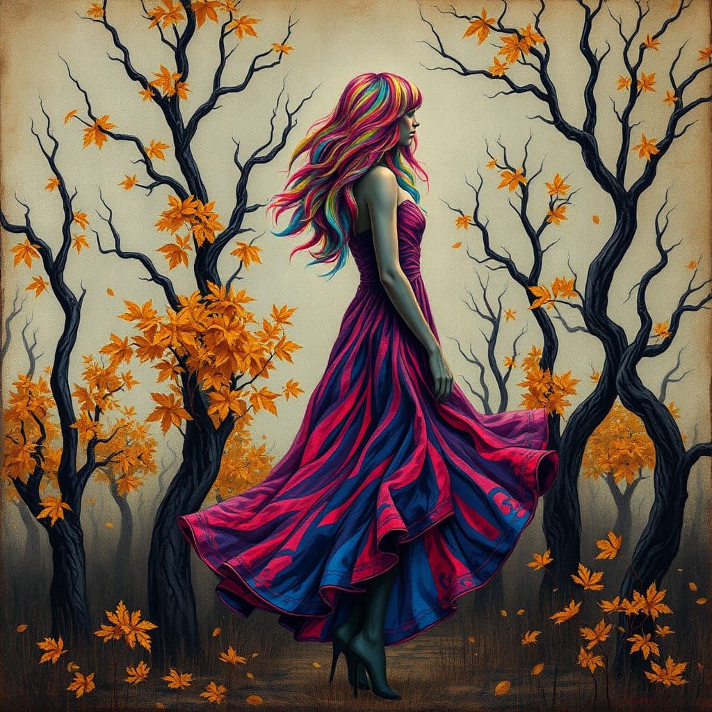 Rainbow Figure in Autumn Forest, Vintage Illustration