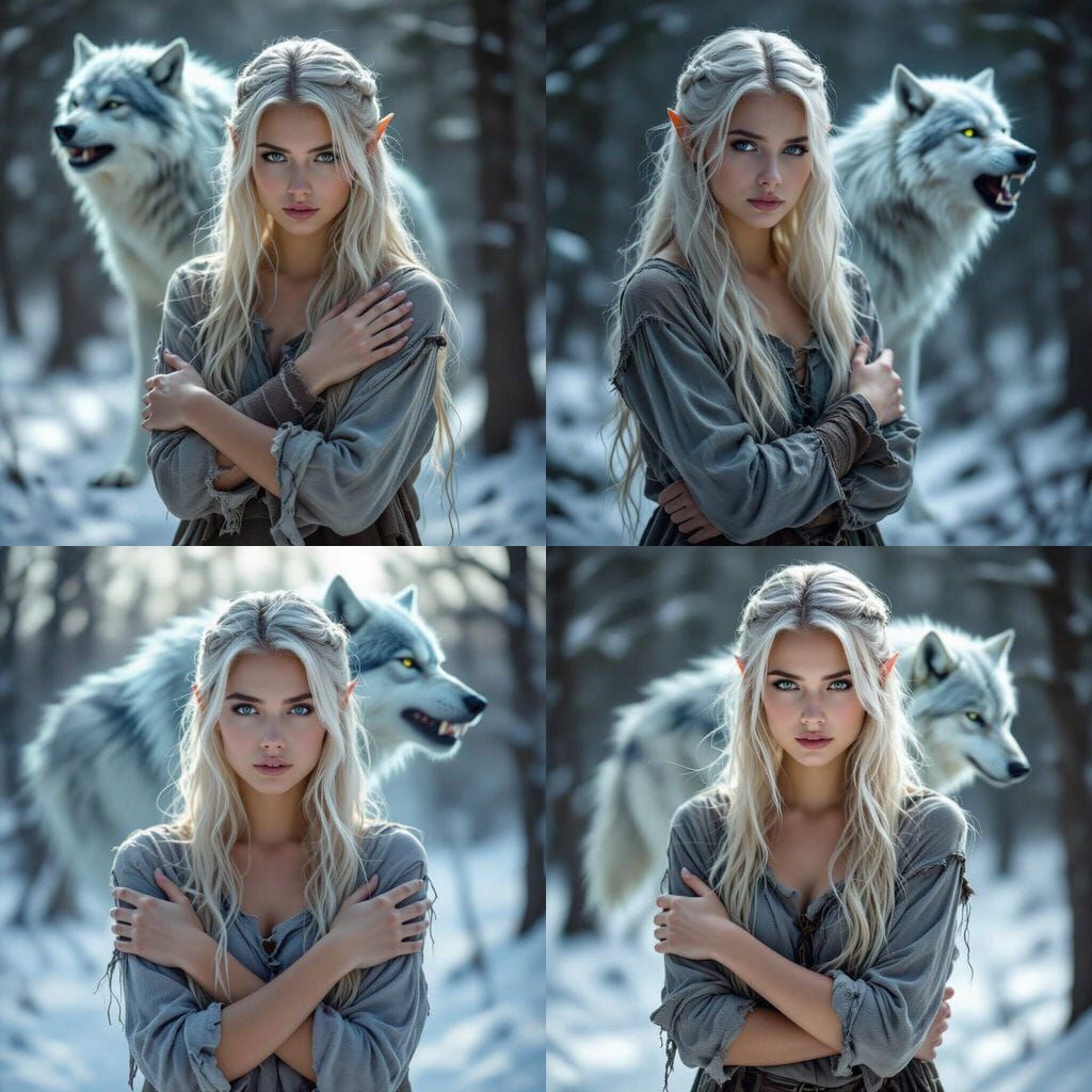 Elven Woman in Winter Forest with Ghostly Werewolf