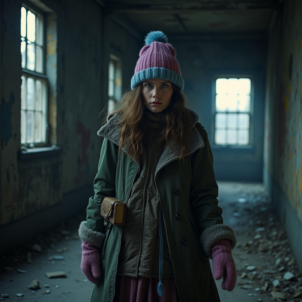 Woman Inspects Derelict Building in Cinematic Style