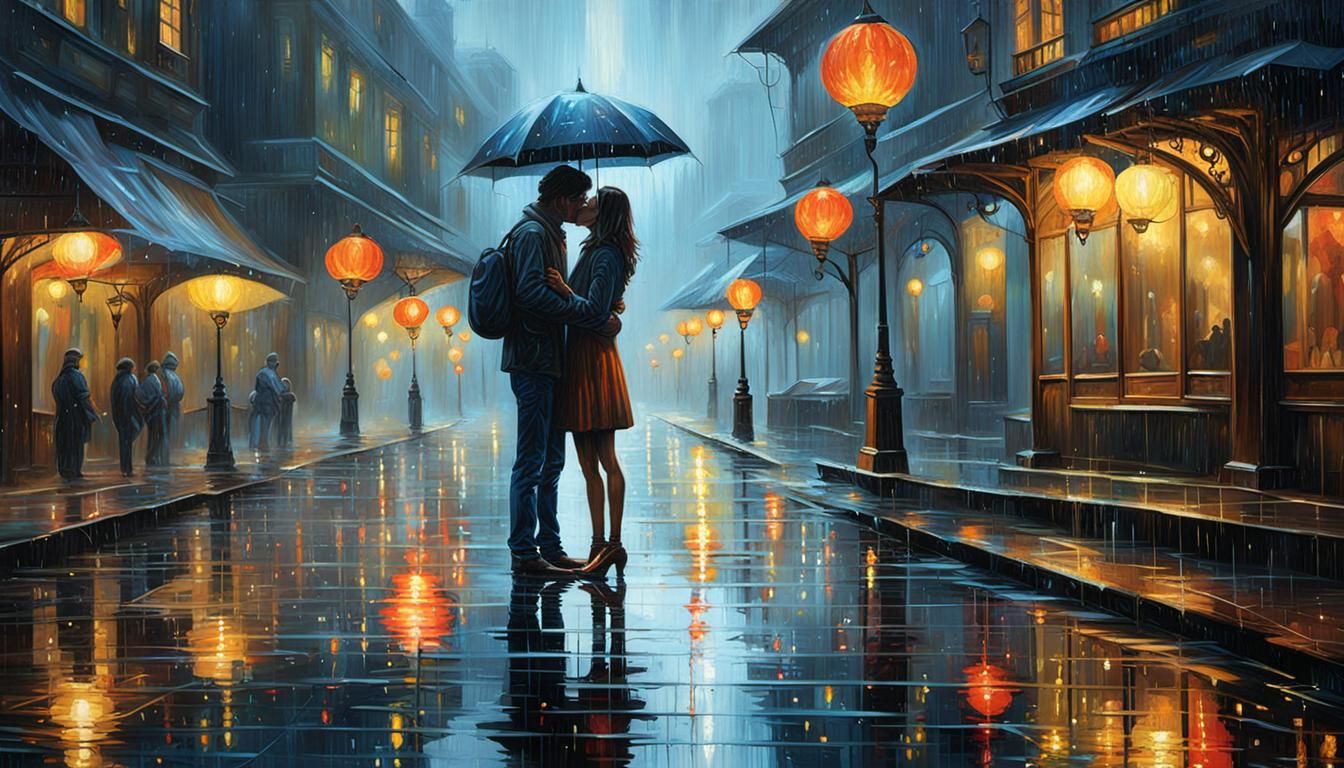 Romantic Kiss in Rain: Abstract Oil Painting
