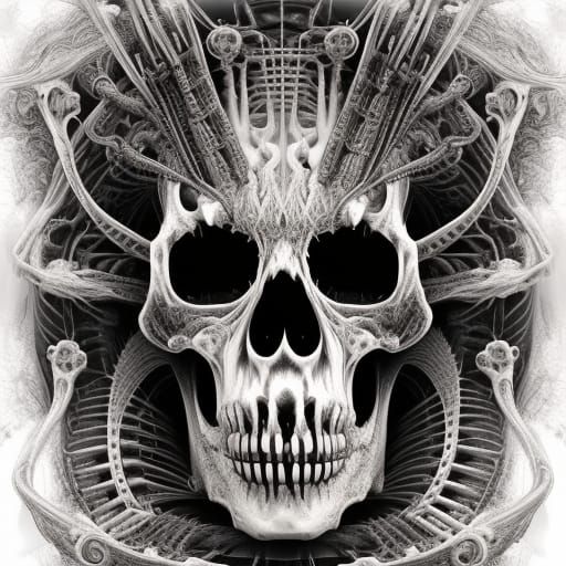 Flaming Skull in Biomechanical Style Digital Painting