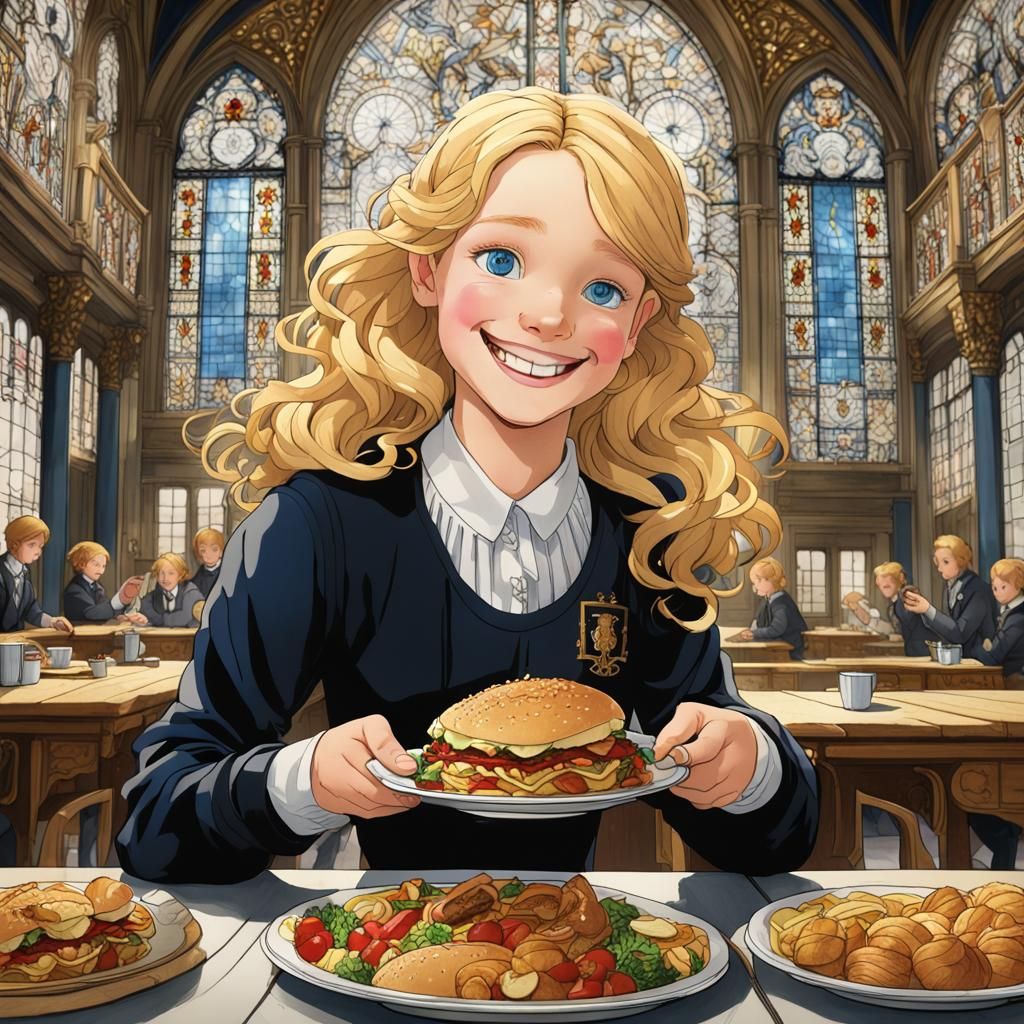 French Girl Enjoying Meal in Ornate Canteen
