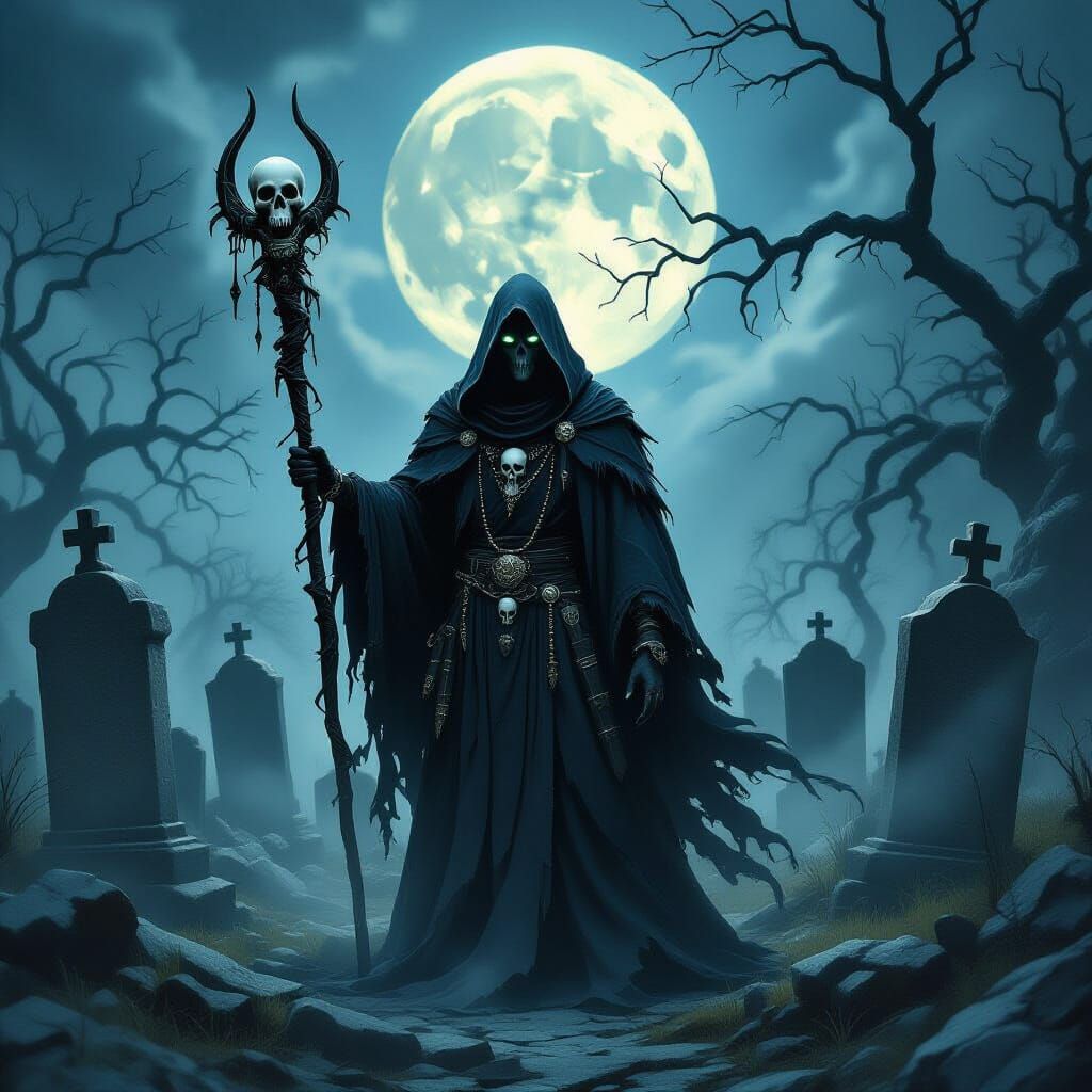 Moonlit Graveyard Scene with Lone Necromancer