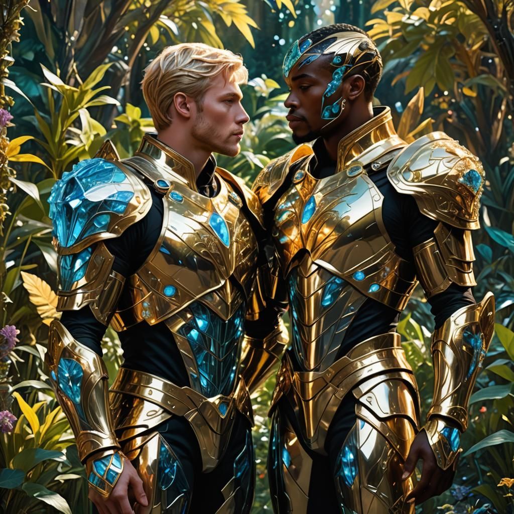 Crystal Armored Figures Kissing in Bioluminescent Garden