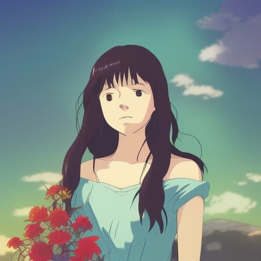 Anime Woman Celebrates: Ghibli Style Visual