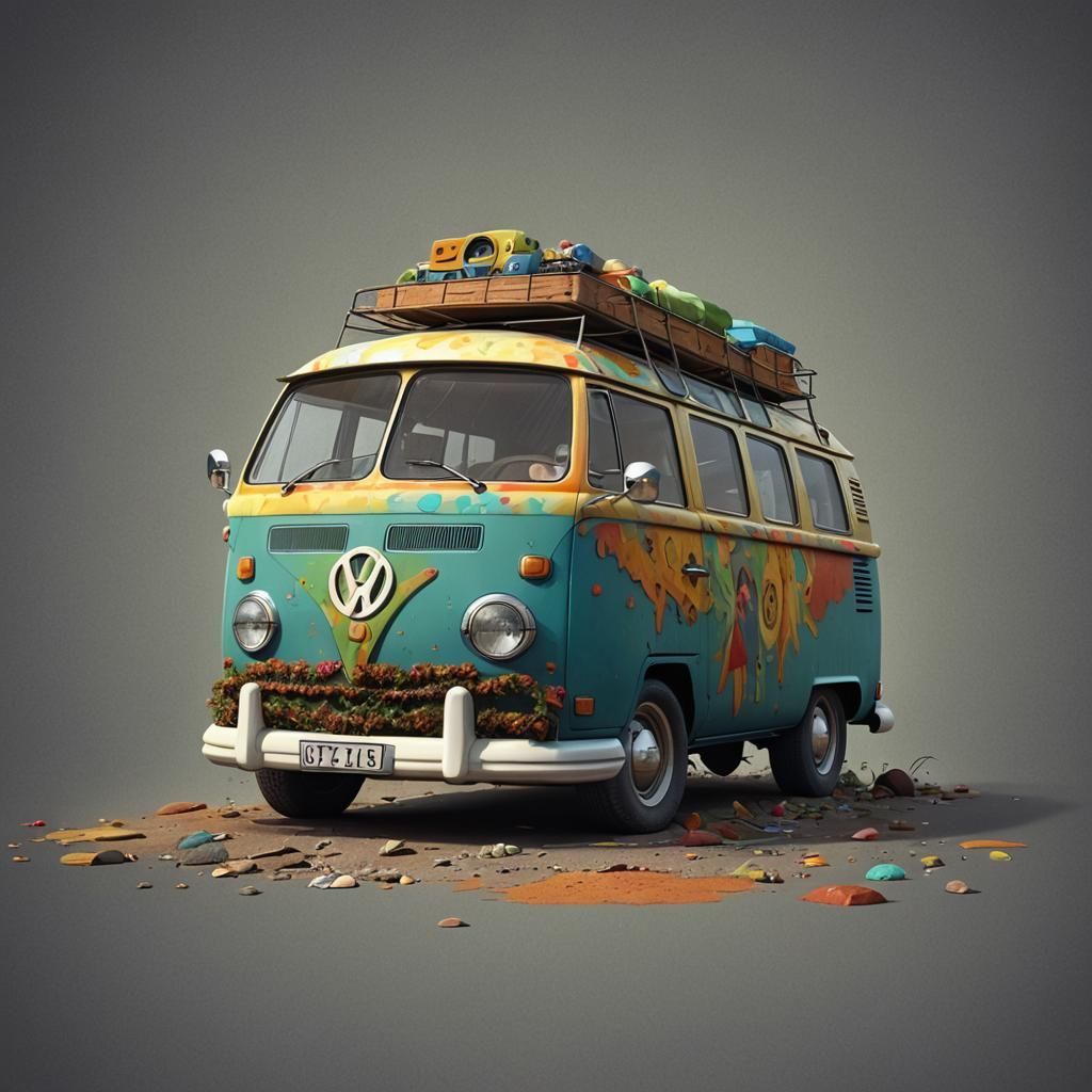 In the style of Pixar cars  film create A VW split screen ca...