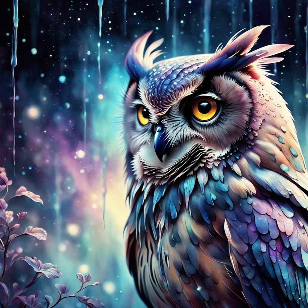 Serene Owl in Iridescent Cosmic Dreamscapes