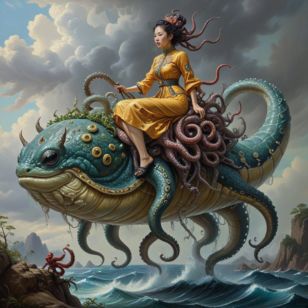 Asian Woman Rides Giant Tentacled Slug in Oil Painting