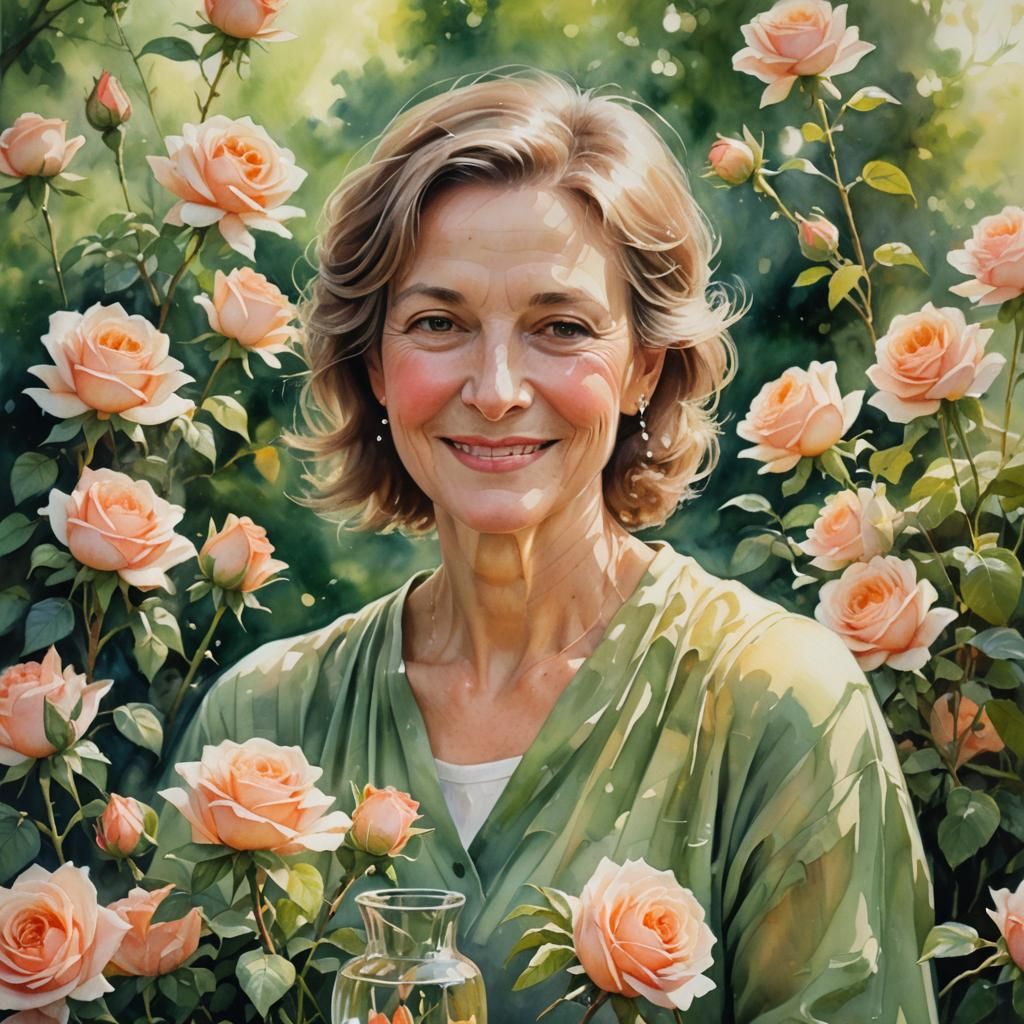 Soft Impressionist Portrait of a Woman with Roses in a Garde...