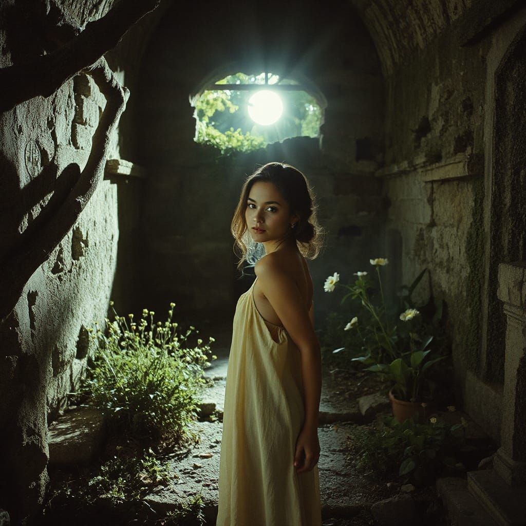 Bohemian Sanctuary in Moonlit Ruins with Latina Woman