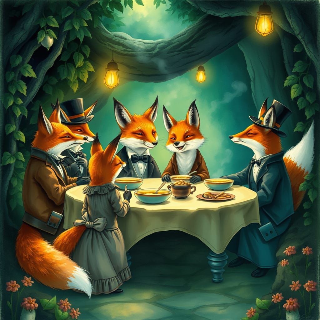 Fox Family's Victorian Feast in Bioluminescent Grotto