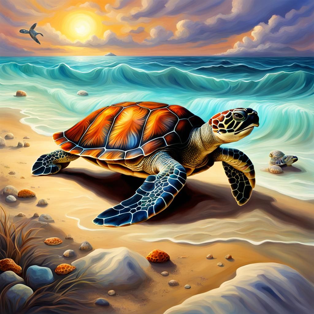 Turtle on the Beach: Magic Realism Painting