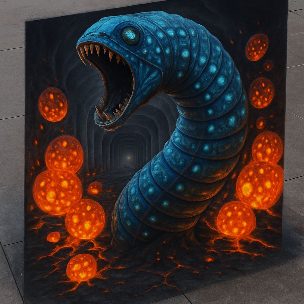 Freestanding Colossal Biolucent Denim Sandworm in Dramatic Pause Vanishing Point Trompe L'oeil
